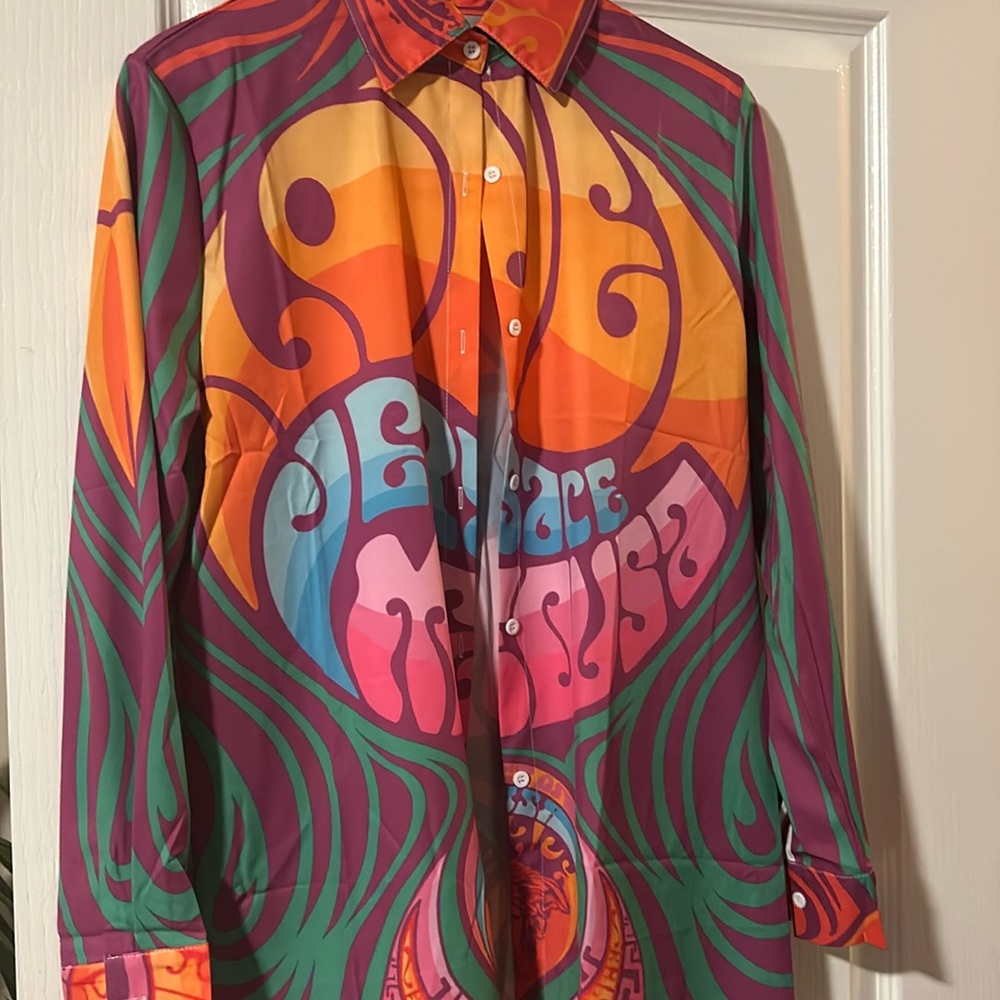 Multi colored Versace inspired long sleeve shirt size medium women’s